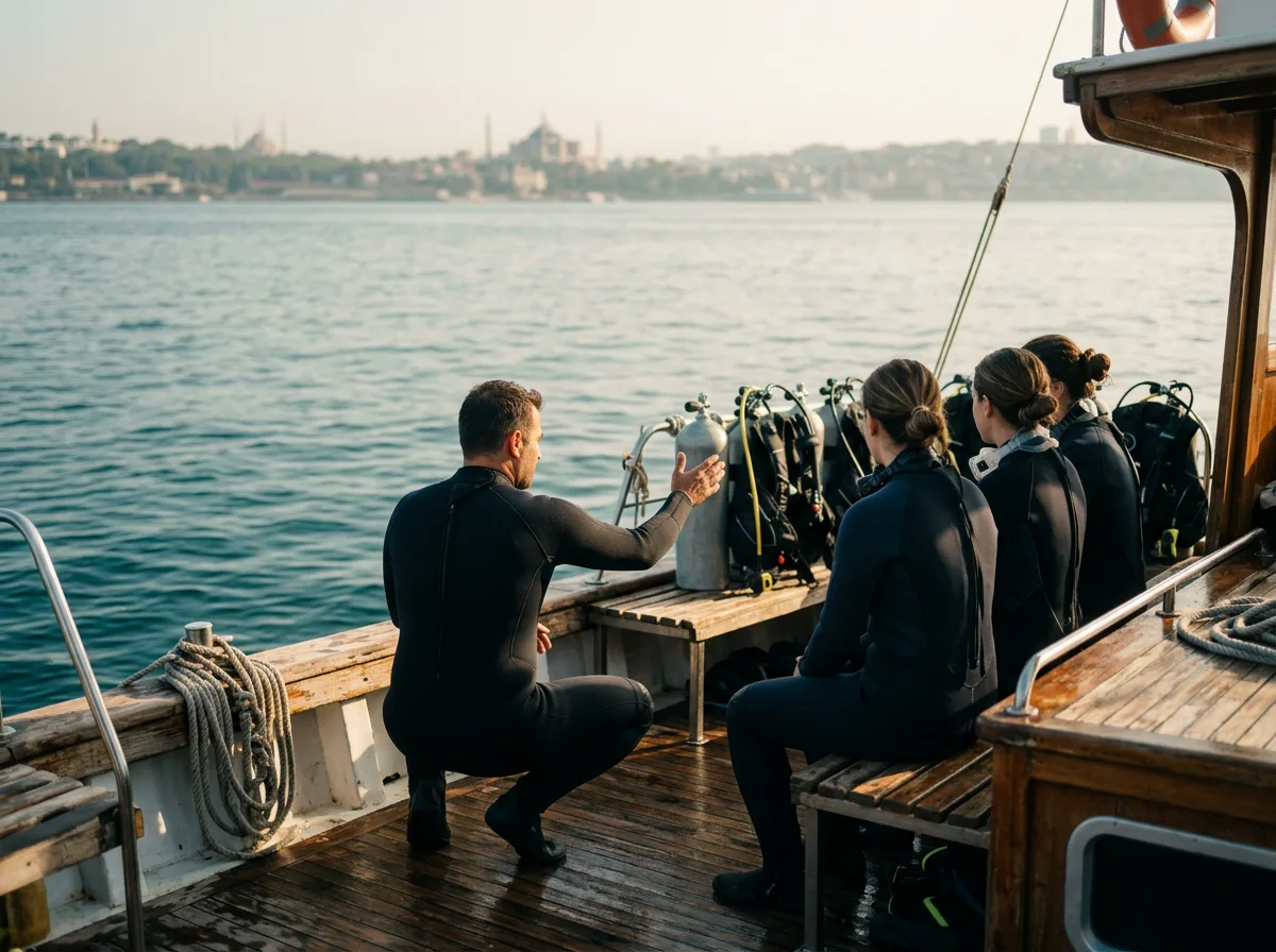 Bir dalış teknesinin güvertesinde eğitmen, sırtı dönük öğrencilere dalış öncesi bilgi veriyor.